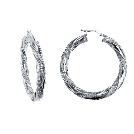 Silver  MoonDust 5mm Candy Ribbon Twist Hoop Earrings 40mm - AER129B