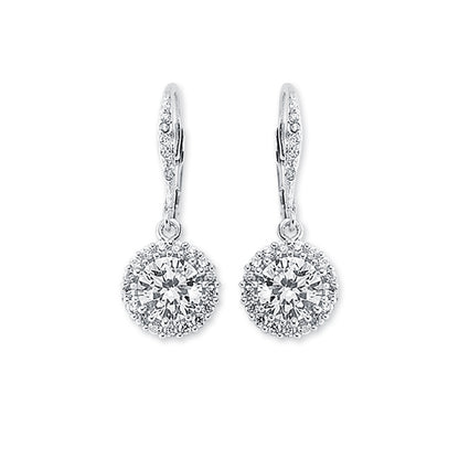 Womens Rhodium Plated Silver  CZ Cluster Drop Earrings 7mm 11mm - AER132