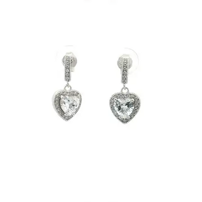 Womens Rhodium Silver  Heart CZ Cluster Stud Earrings 6mm 10mm - AER133