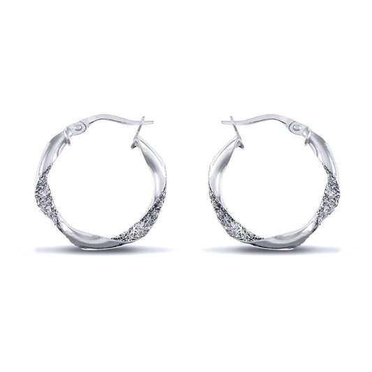 Sterling Silver  Ice Glitter Twist 3mm Hoop Earrings 21mm - AER134A