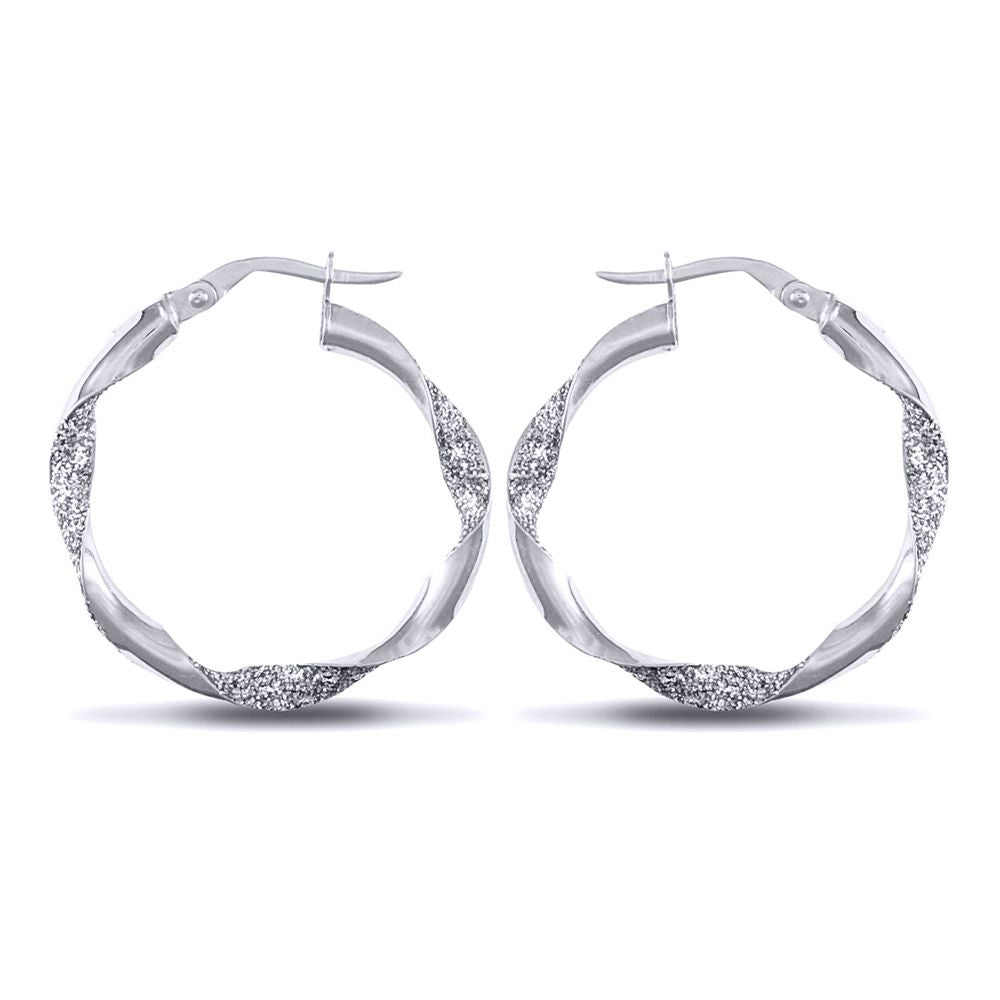 Sterling Silver  Ice Glitter Twist 3mm Hoop Earrings 25mm - AER134B
