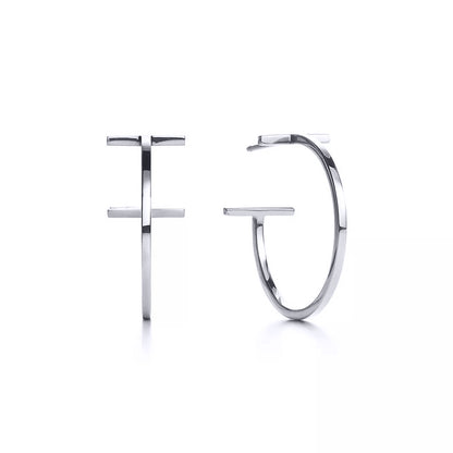 Silver  Hammer Head T Square Tube Omega Hoop Earrings 20mm - AER137