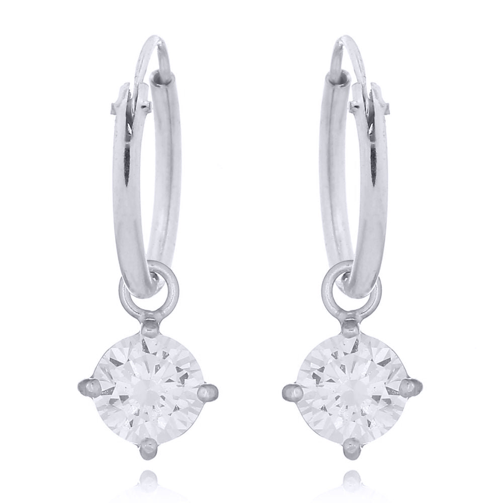 Silver  Round CZ Hanging Solitaire Charm Hoop Drop Earrings - AER143