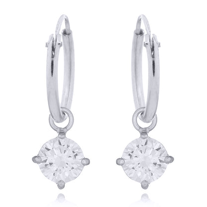 Silver  Round CZ Hanging Solitaire Charm Hoop Drop Earrings - AER143