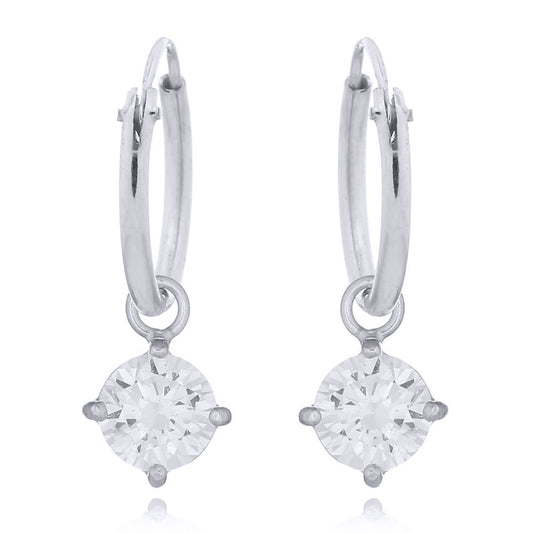 Silver  Round CZ Hanging Solitaire Charm Hoop Drop Earrings - AER143