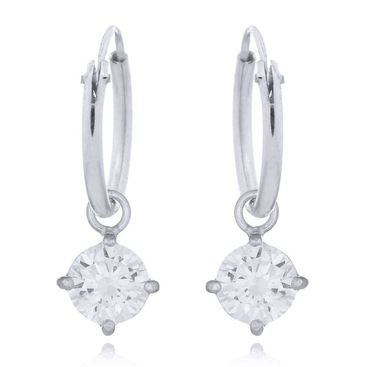 Silver  Round CZ Hanging Solitaire Charm Hoop Drop Earrings - AER143