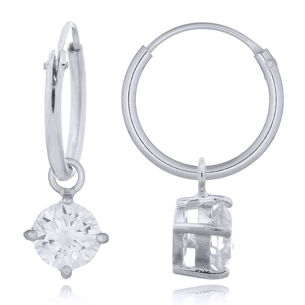 Silver  Round CZ Hanging Solitaire Charm Hoop Drop Earrings - AER143