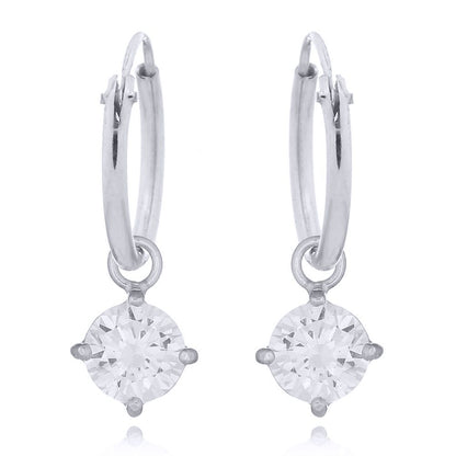 Silver  Round CZ Hanging Solitaire Charm Hoop Drop Earrings - AER143