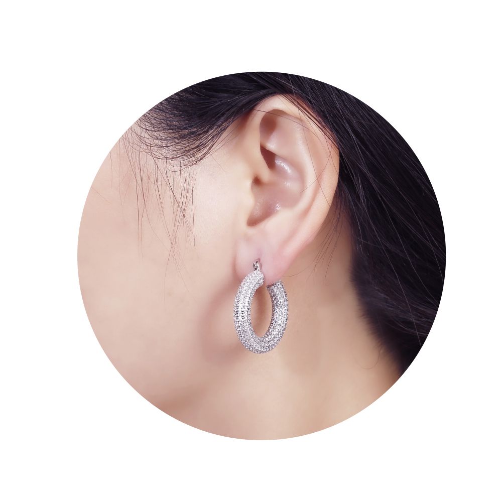 Silver  Round CZ Iced Encrusted Round Tube Hoop Earrings - AER147