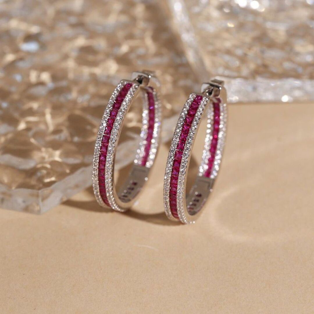 Silver  Red Princess CZ Inside Out Eternity Hoop Earrings 18mm ½oz - AER150