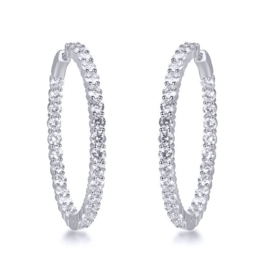 Silver  Round CZ Inside Out Pave Eternity Hoop Earrings 30mm - AER151