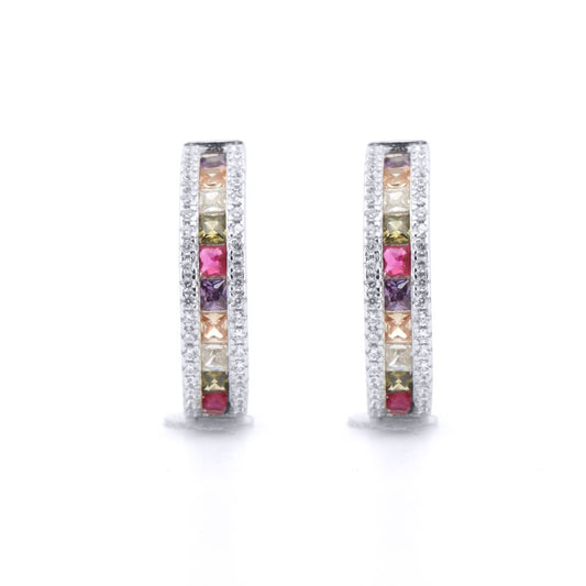 Silver  Rainbow Princess CZ Inside Out Eternity Hoop Earrings - AER153