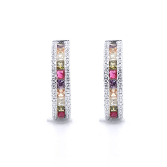 Silver  Rainbow Princess CZ Inside Out Eternity Hoop Earrings - AER153