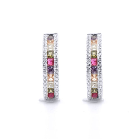 Silver  Rainbow Princess CZ Inside Out Eternity Hoop Earrings - AER153