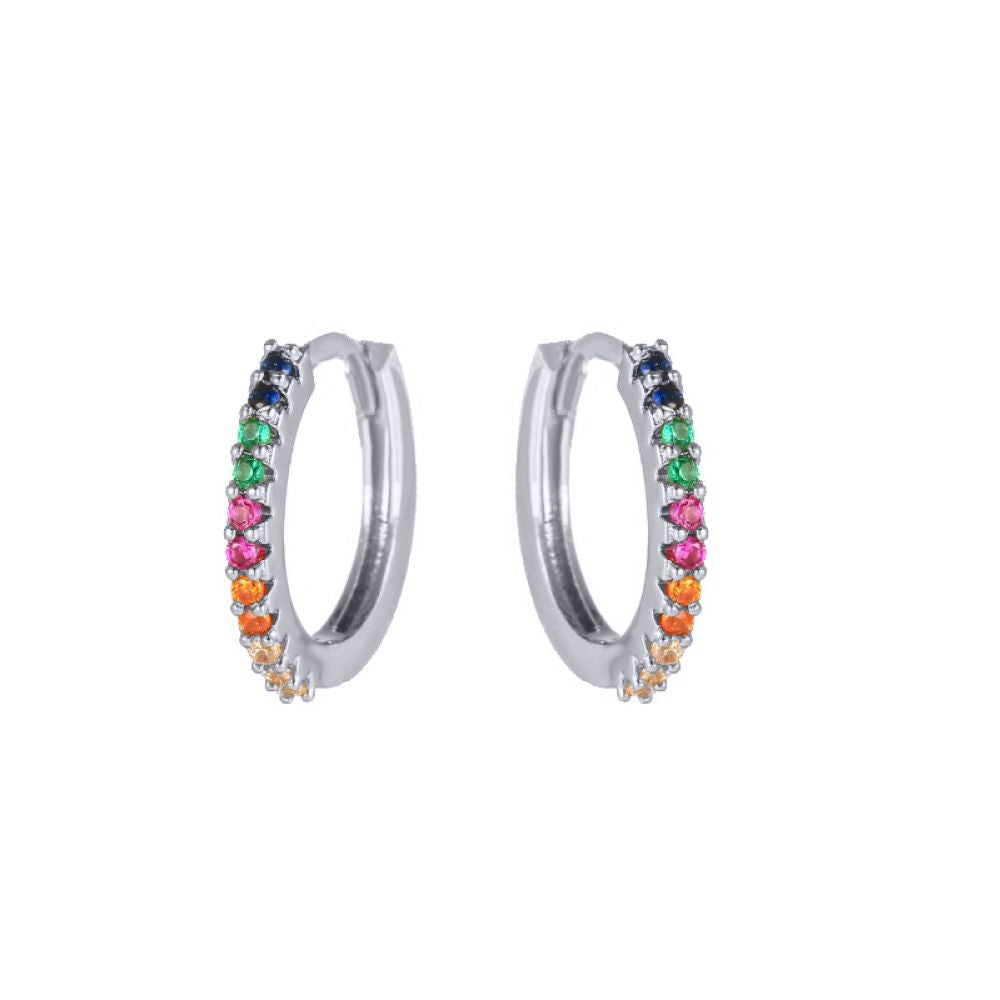 Silver  Rainbow CZ Pave Eternity Huggie Hoop Earrings - AER157