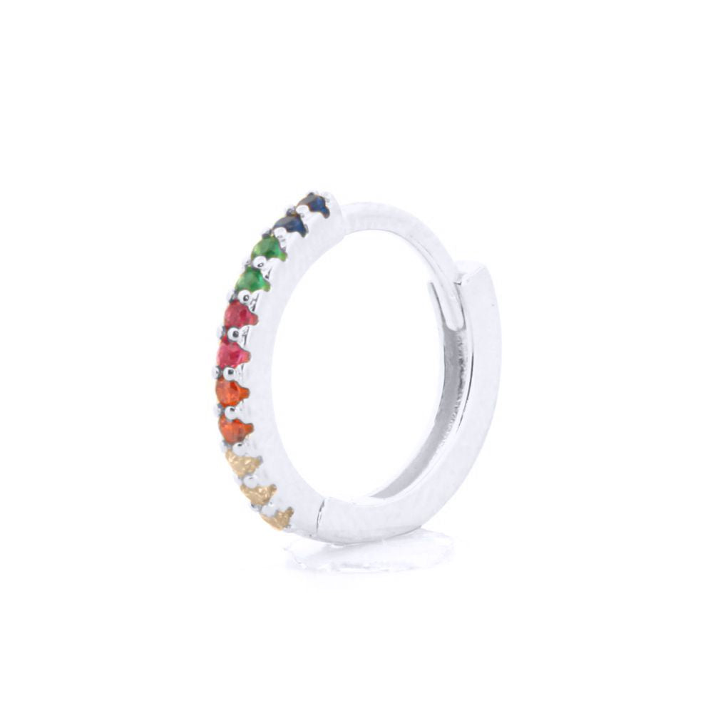 Rhodium-plated Silver  Rainbow CZ Pave Eternity Huggie Hoop Earrings - AER157