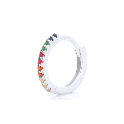 Rhodium-plated Silver  Rainbow CZ Pave Eternity Huggie Hoop Earrings - AER157