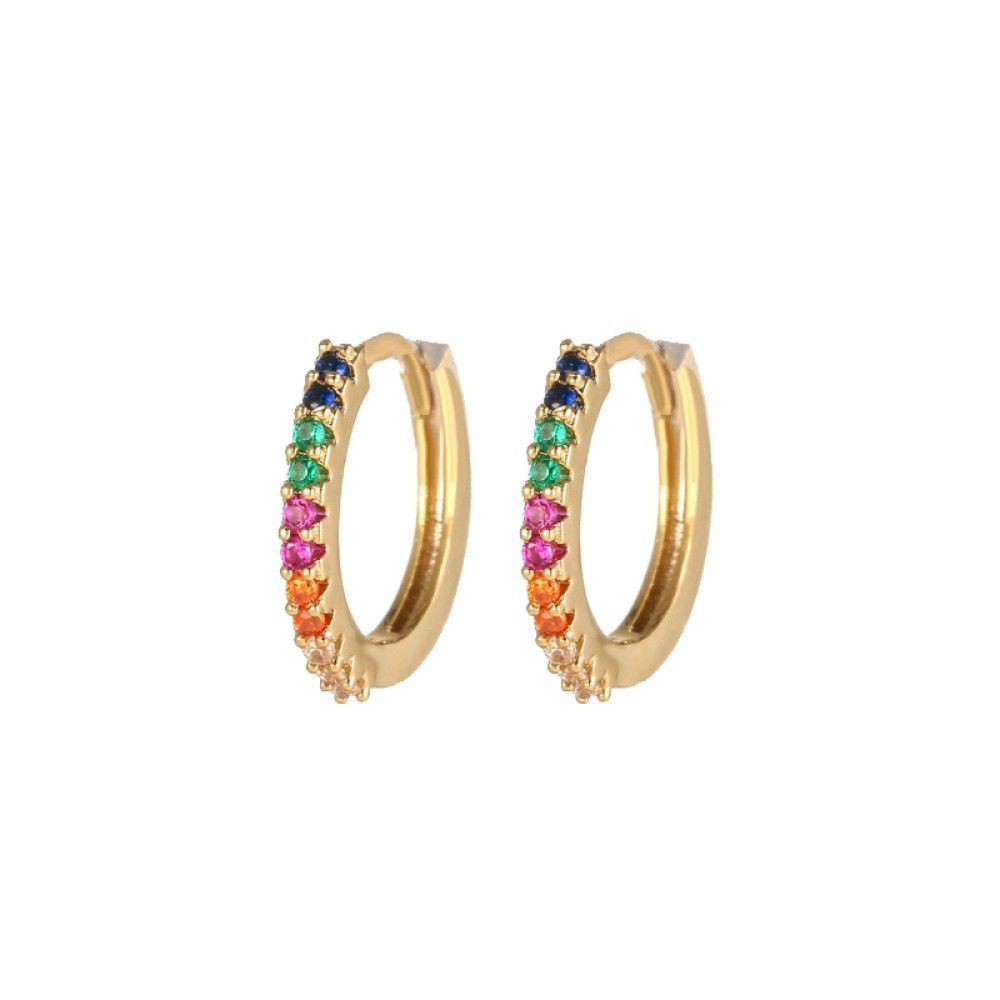 Gold-plated Silver  Rainbow CZ Pave Eternity Huggie Hoop Earrings - AER157