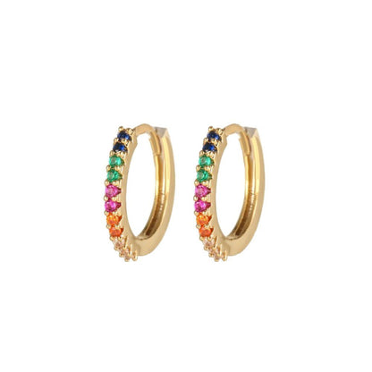 Gold-plated Silver  Rainbow CZ Pave Eternity Huggie Hoop Earrings - AER157