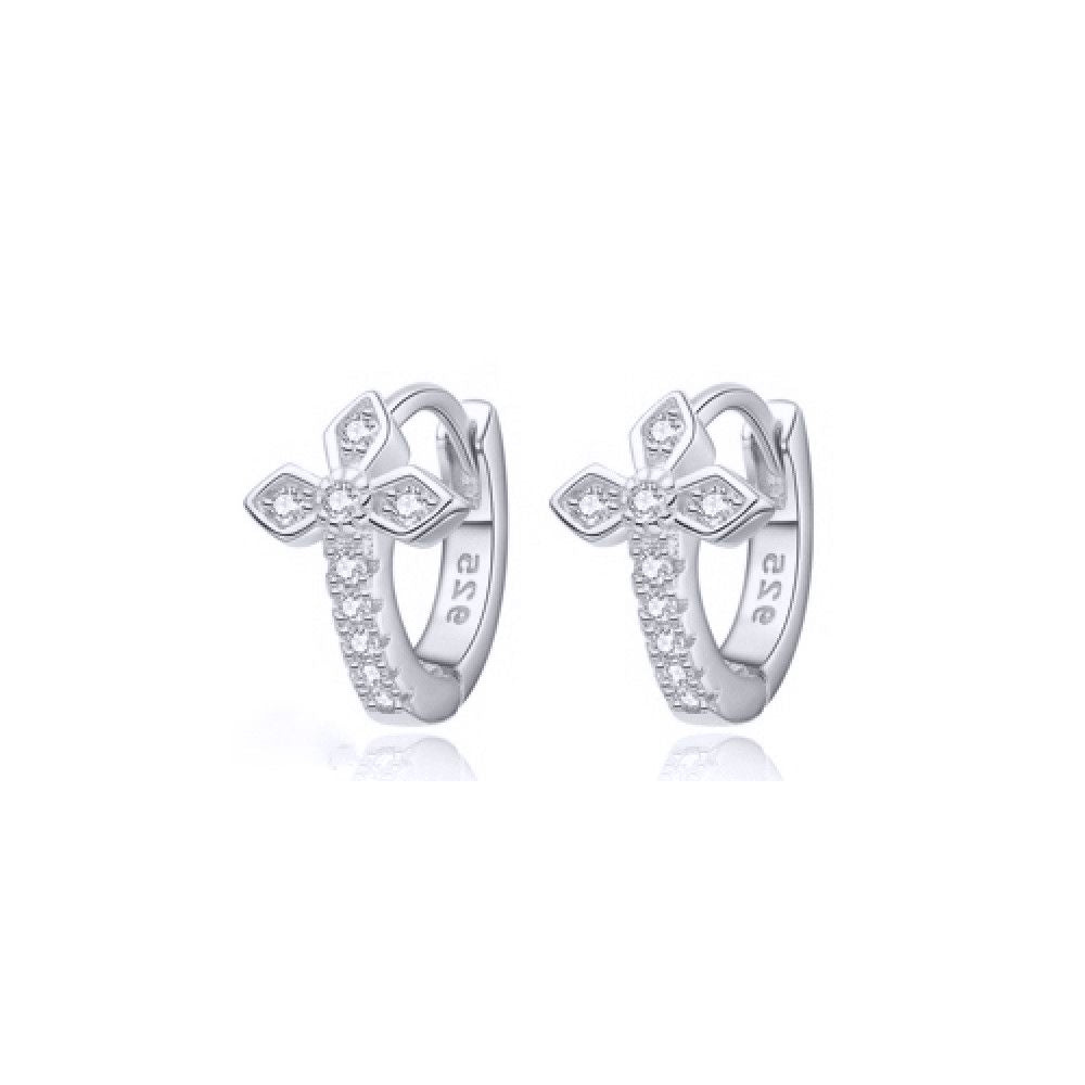 Rhodium-plated Silver  CZ Fleur De Lis Cross Huggie Hoop Earrings - AER158