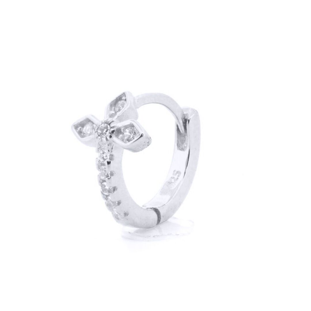 Rhodium-plated Silver  CZ Fleur De Lis Cross Huggie Hoop Earrings - AER158