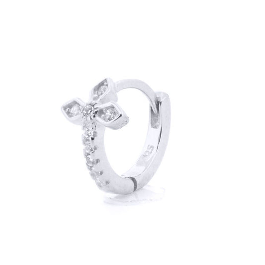 Rhodium-plated Silver  CZ Fleur De Lis Cross Huggie Hoop Earrings - AER158