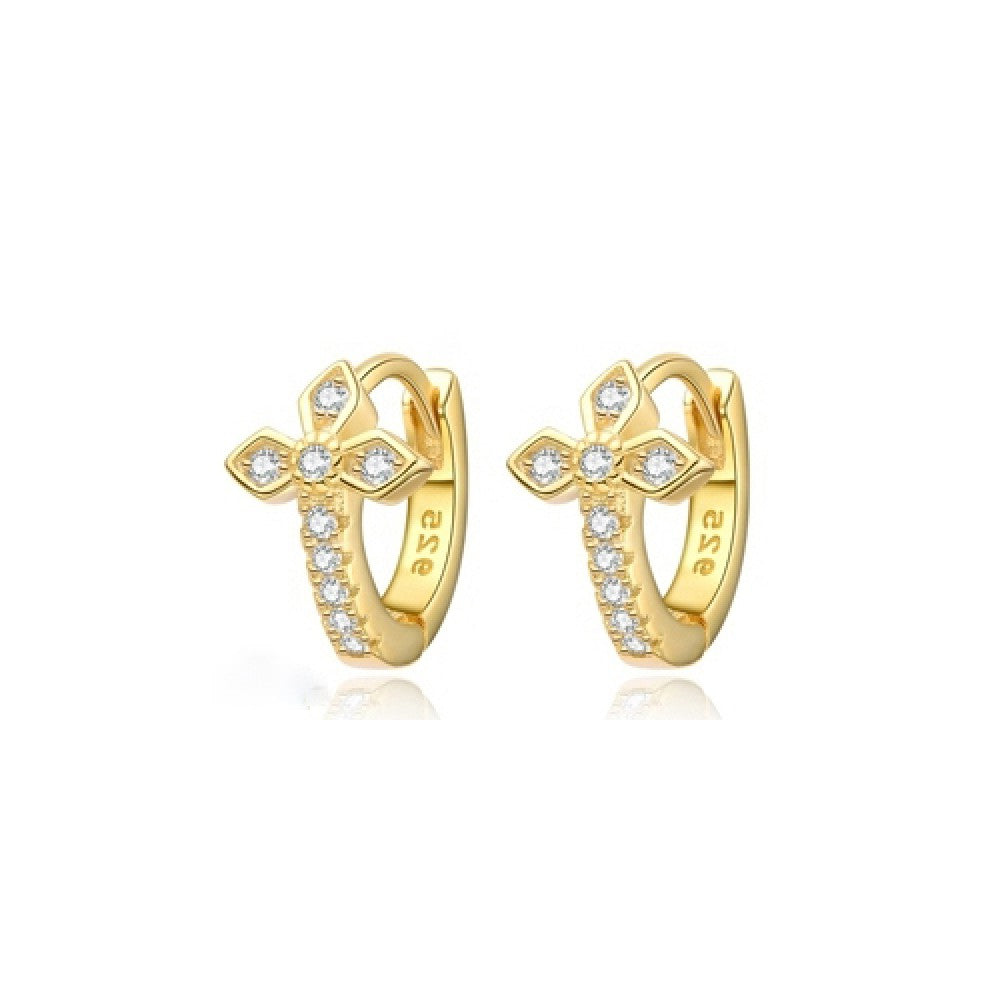 Gold-plated Silver  CZ Fleur De Lis Cross Huggie Hoop Earrings - AER158