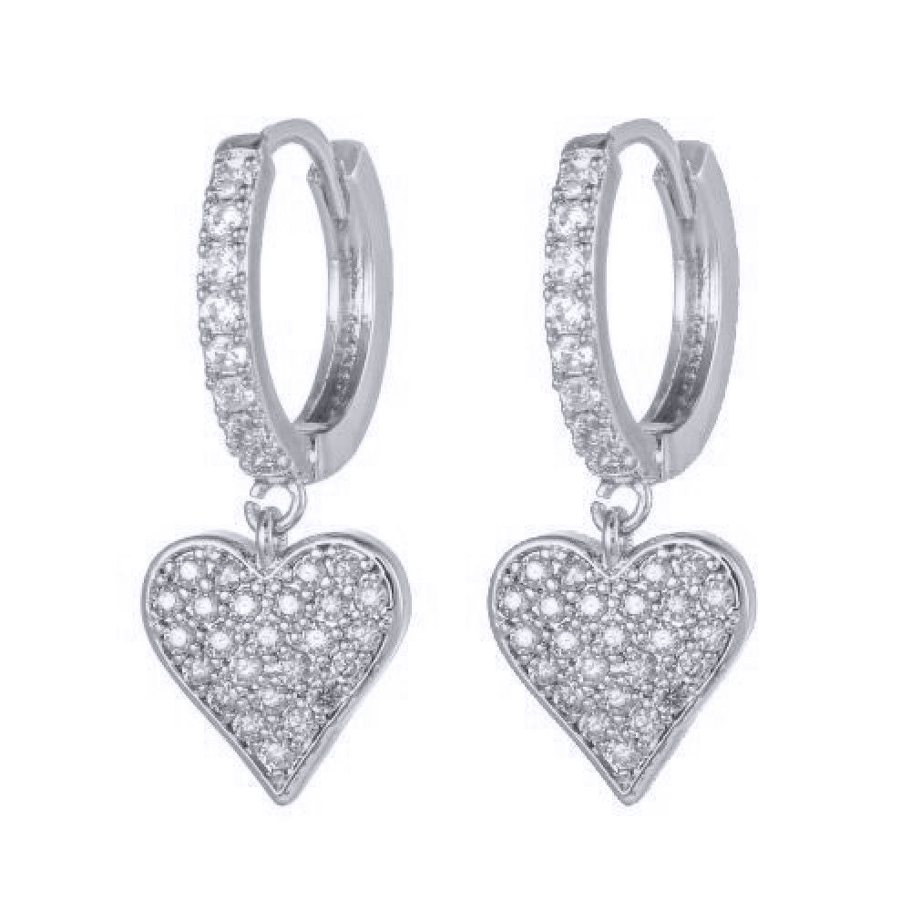 Rhodium-plated Silver  CZ Love Heart Huggie Drop Earrings - AER161-RP