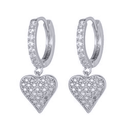 Rhodium-plated Silver  CZ Love Heart Huggie Drop Earrings - AER161-RP