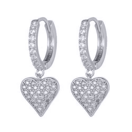 Rhodium-plated Silver  CZ Love Heart Huggie Drop Earrings - AER161-RP