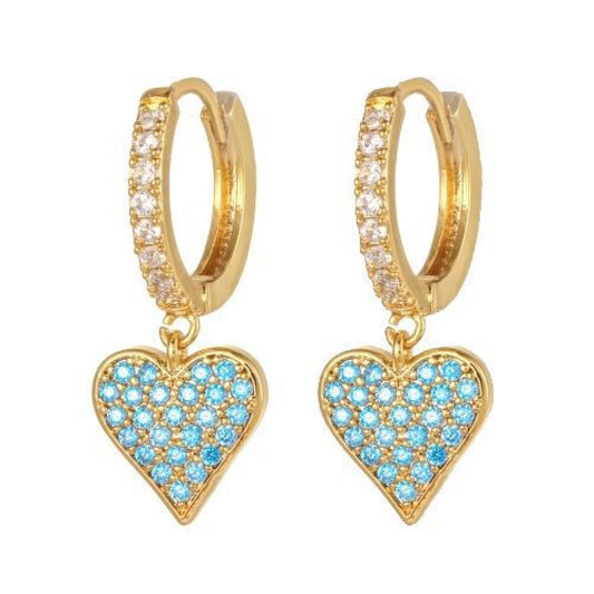 Gold-plated Silver  Light Blue CZ Love Heart Huggie Drop Earrings - AER161