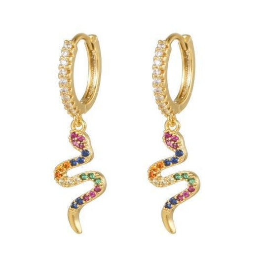 Gold-plated Silver  Rainbow CZ Coiled Snake Huggie Drop Earrings - AER162