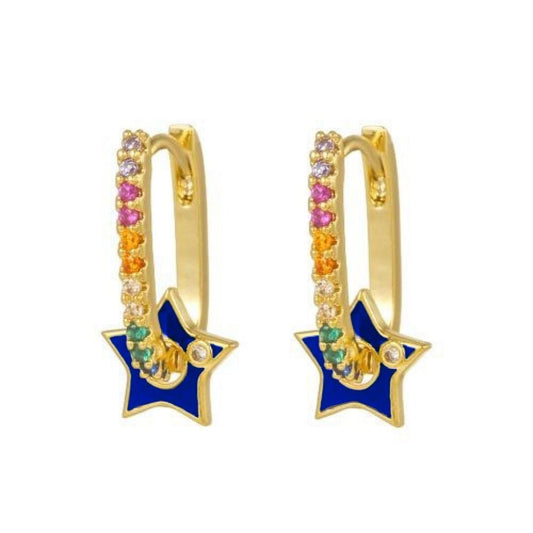 Gold-plated Silver  Rainbow CZ Spin Star Spur Oval Drop Earrings - AER163
