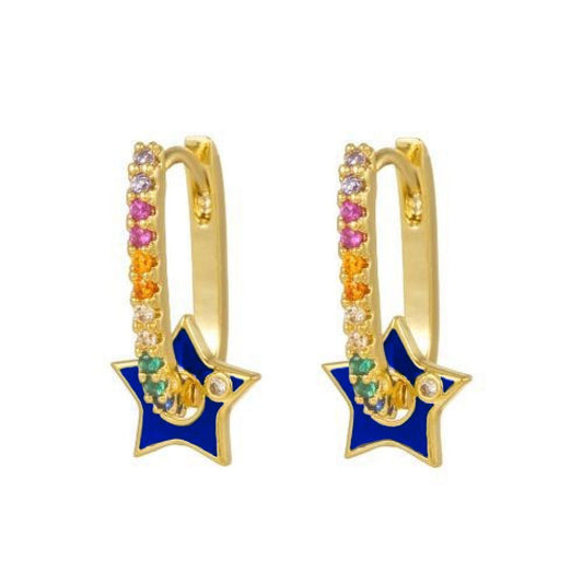 Gold-plated Silver  Rainbow CZ Spin Star Spur Oval Drop Earrings - AER163