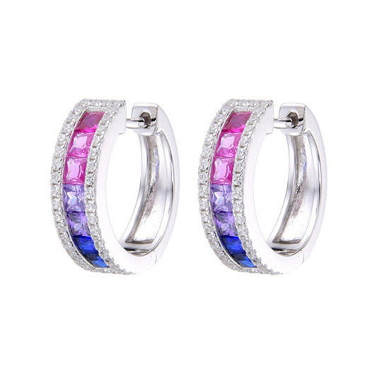 Silver  Pink Lilac Blue Princess CZ Eternity Frame Hoop Earrings - AER168