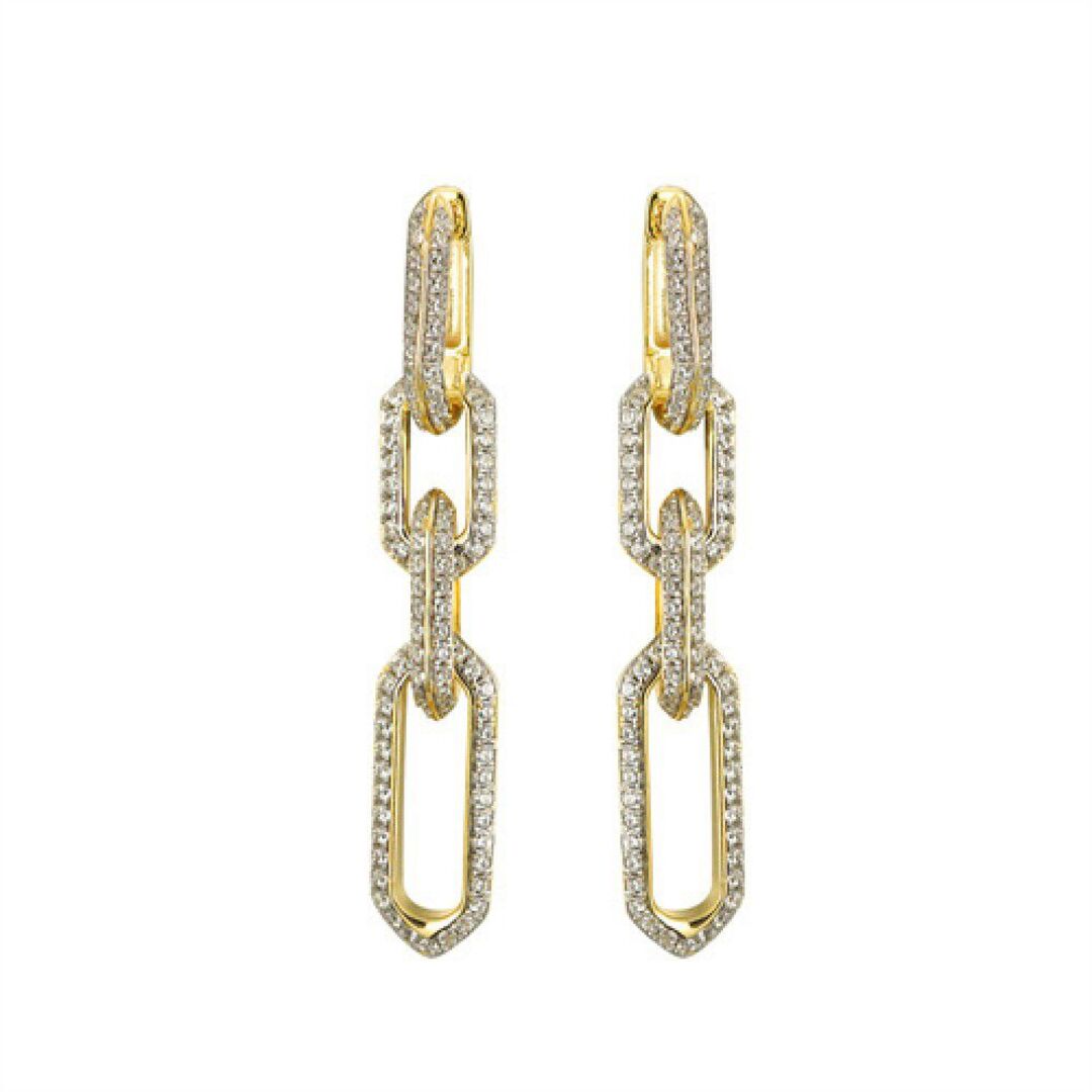 Gold-plated Silver  CZ Pave Paper Cable Chain Link Drop Earrings - AER169