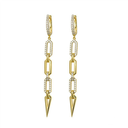 Gold-plated Silver  CZ Paper Cable Chain Torpedo Drop Earrings - AER171