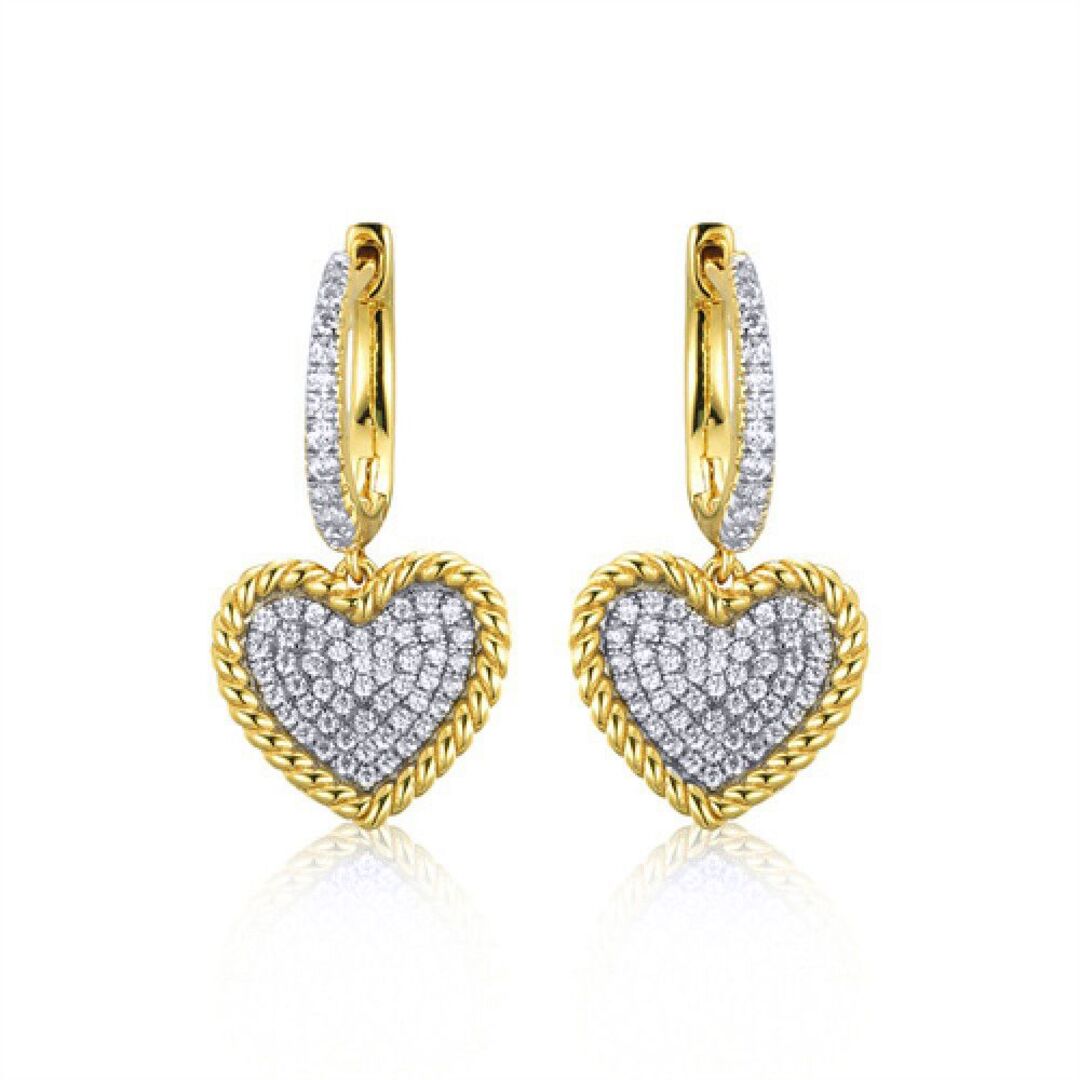 Gold-plated Silver  CZ Rope Edge Love Heart Huggie Drop Earrings - AER172