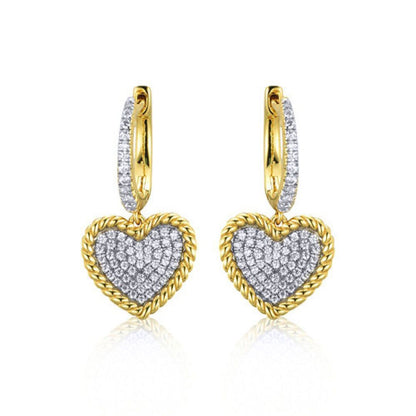 Gold-plated Silver  CZ Rope Edge Love Heart Huggie Drop Earrings - AER172
