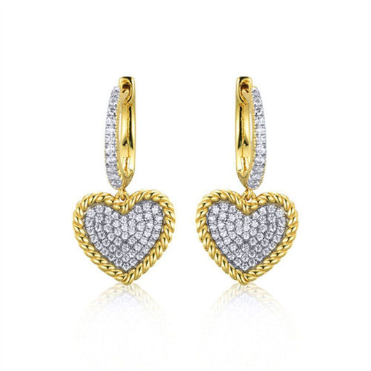 Gold-plated Silver  CZ Rope Edge Love Heart Huggie Drop Earrings - AER172