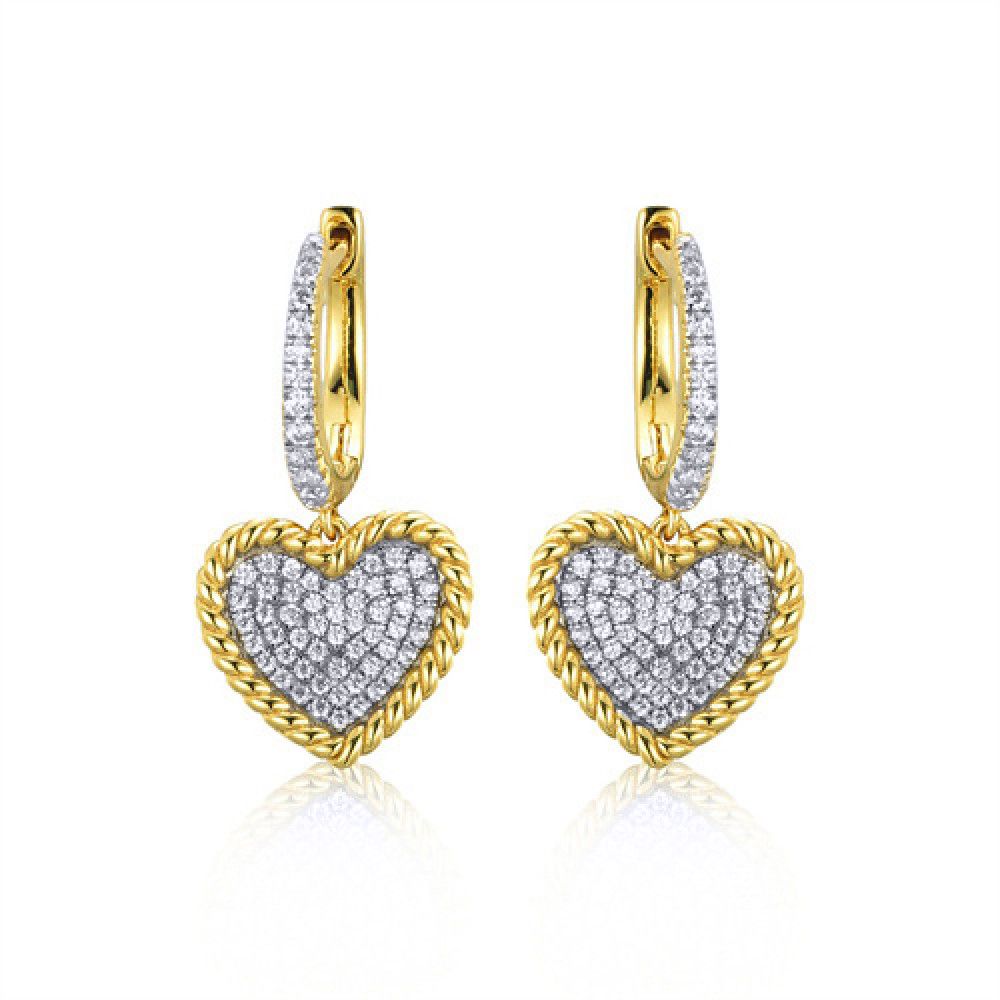 Gold-plated Silver  CZ Rope Edge Love Heart Huggie Drop Earrings - AER172