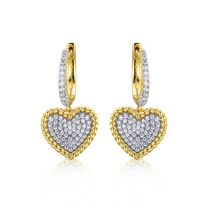Gold-plated Silver  CZ Rope Edge Love Heart Huggie Drop Earrings - AER172