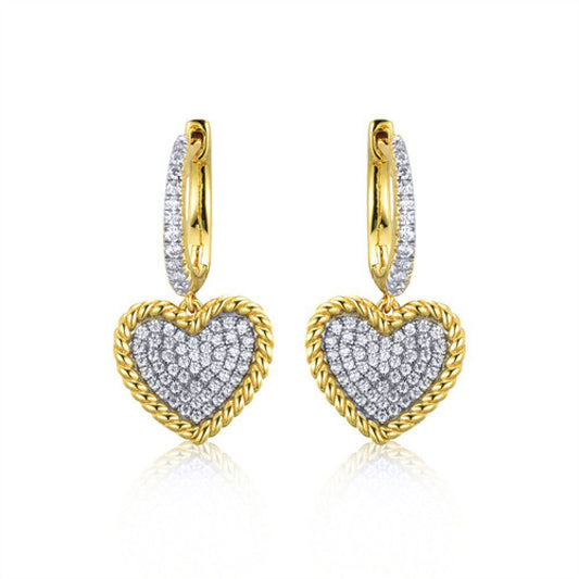 Gold-plated Silver  CZ Rope Edge Love Heart Huggie Drop Earrings - AER172