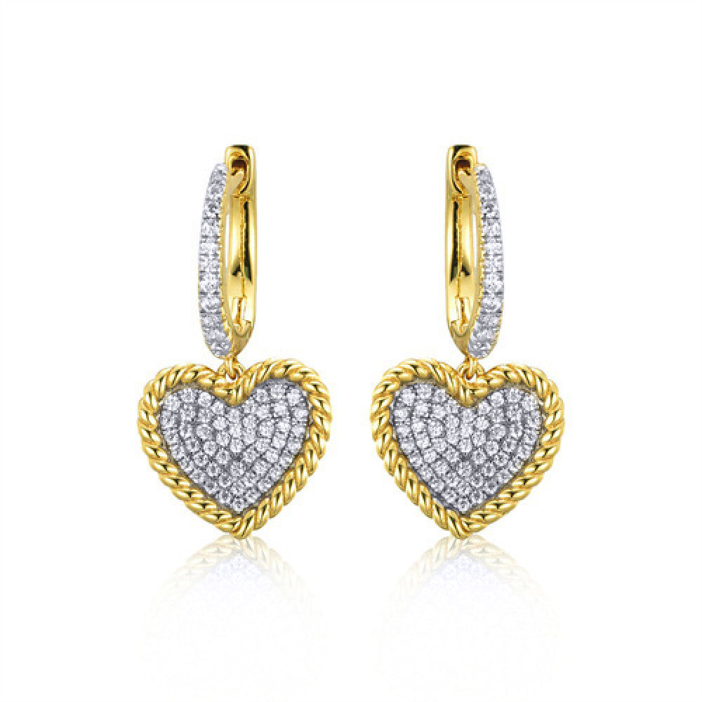 Gold-plated Silver  CZ Rope Edge Love Heart Huggie Drop Earrings - AER172