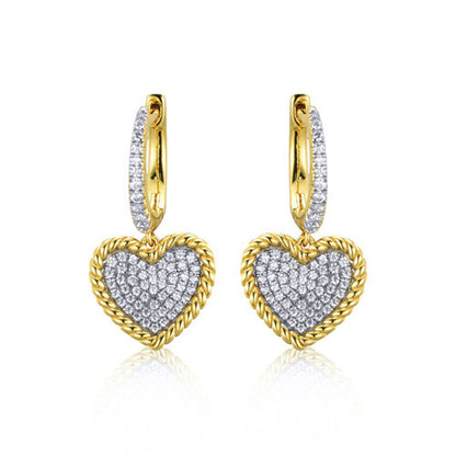 Gold-plated Silver  CZ Rope Edge Love Heart Huggie Drop Earrings - AER172