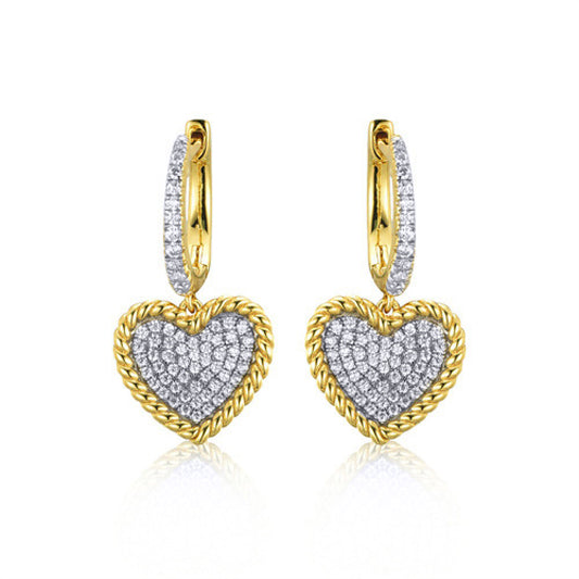 Gold-plated Silver  CZ Rope Edge Love Heart Huggie Drop Earrings - AER172