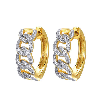 Gold-plated Silver  CZ Pave Curb Chain Link Huggie Hoop Earrings - AER173