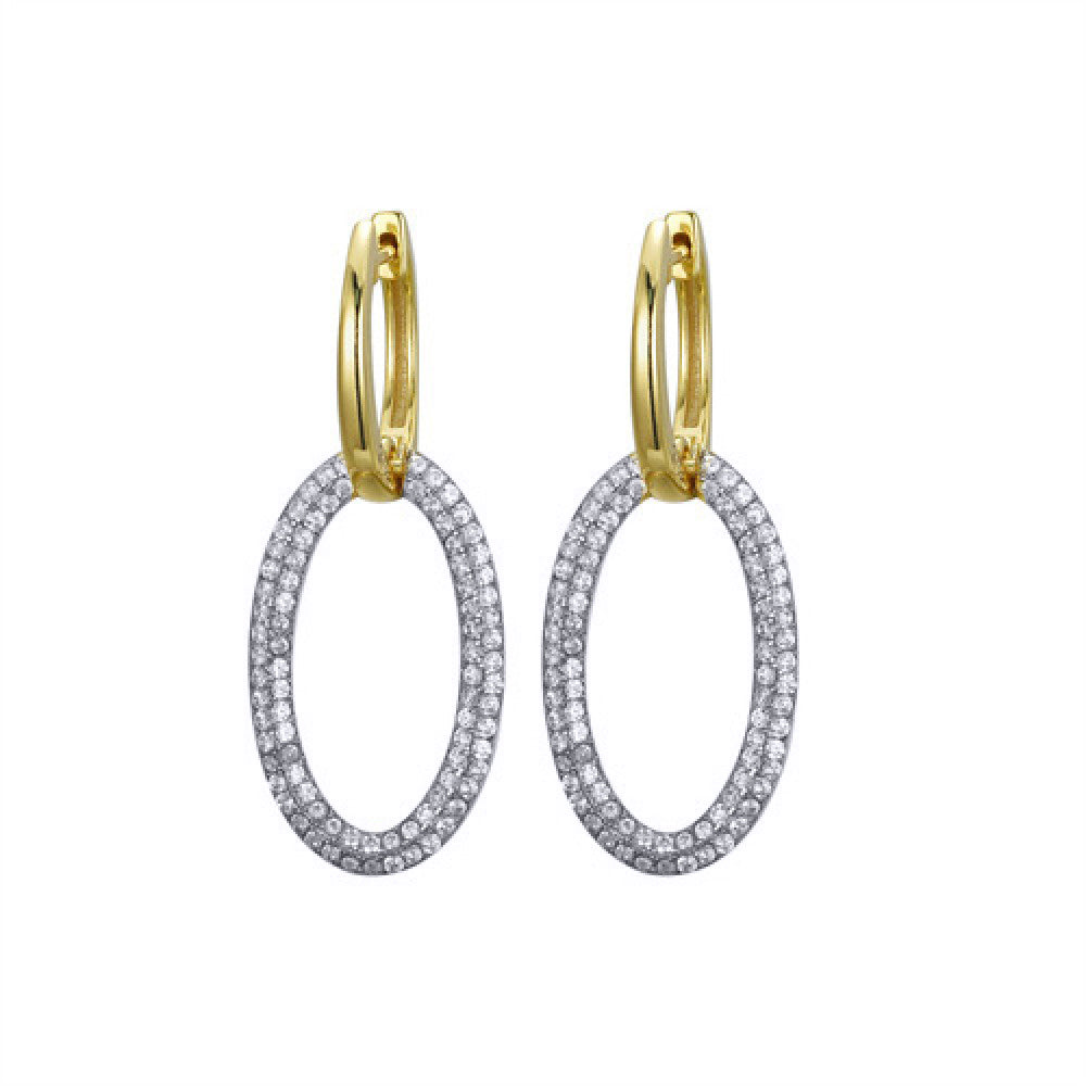 Gold-plated Silver  CZ Oval Tube Hanging Huggie Hoop Drop Earrings - AER176