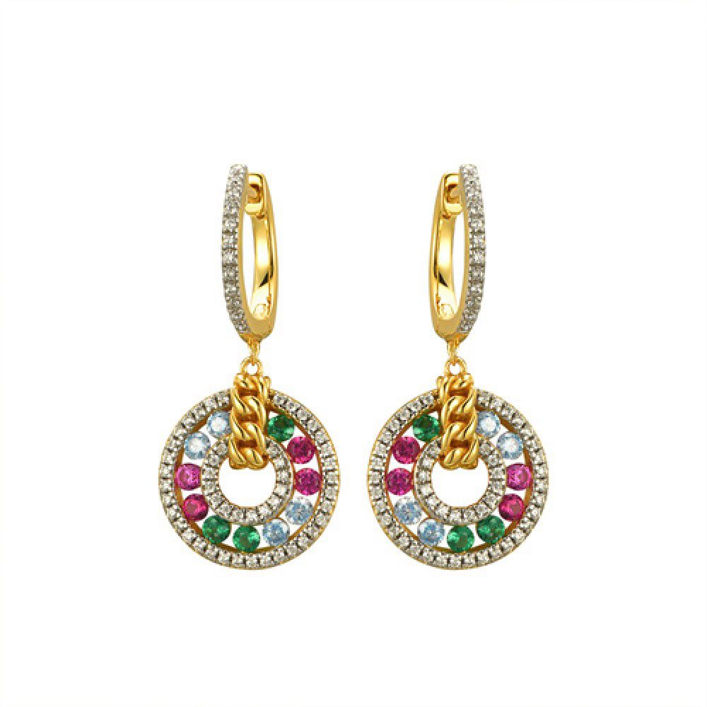 Gold-plated Silver  Rainbow CZ Curb Chain Huggie Drop Earrings - AER177