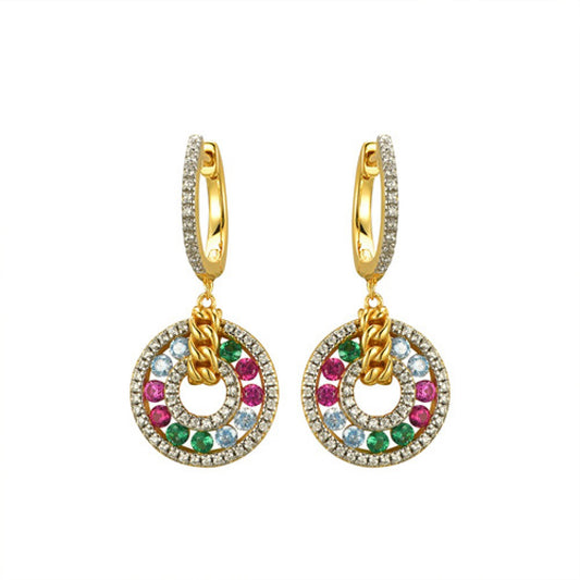 Gold-plated Silver  Rainbow CZ Curb Chain Huggie Drop Earrings - AER177